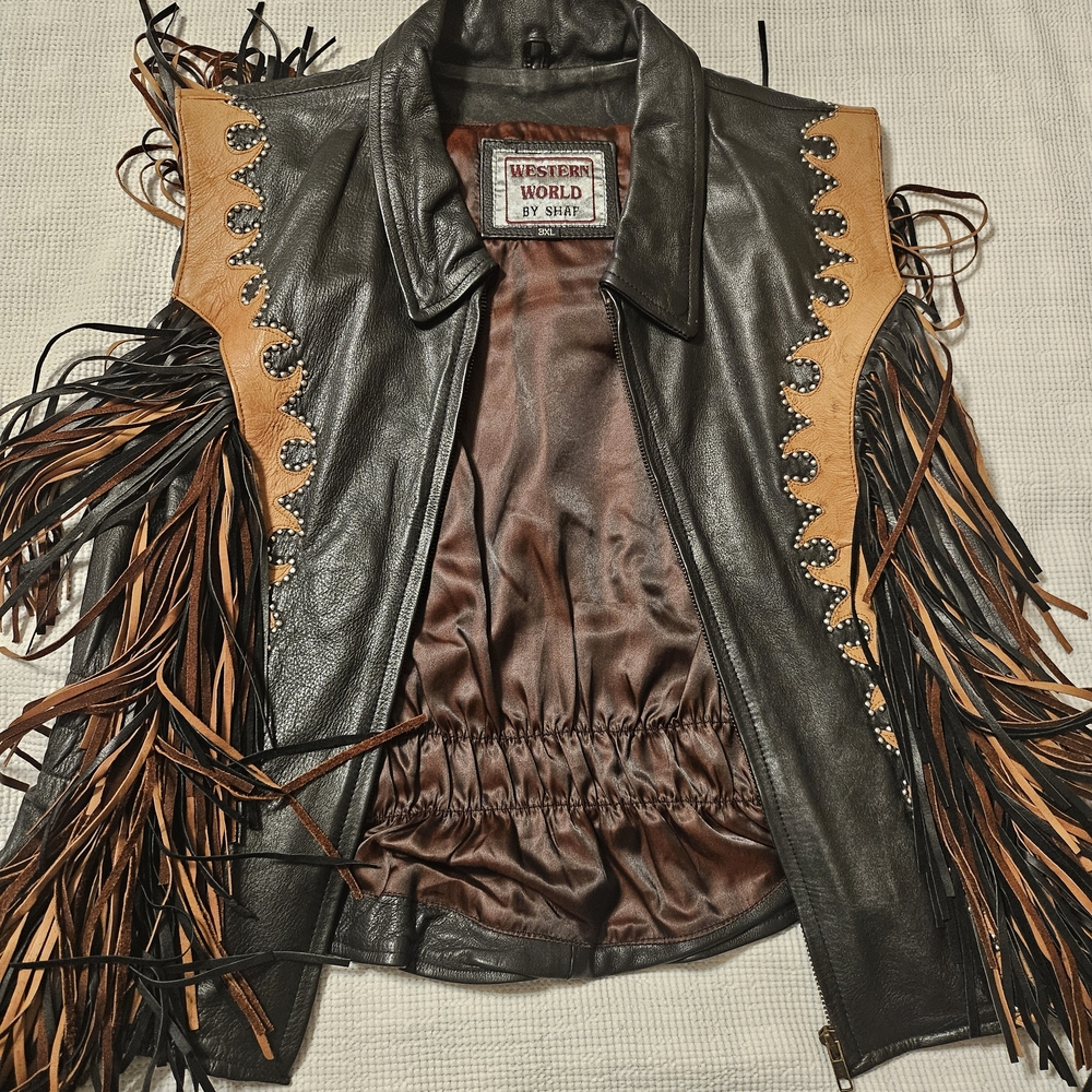 Western World by Shaf Leather Vest Black with Black And Brown Fringe Women’s 3XL - Picture 3 of 16